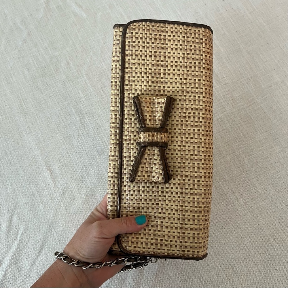 NWOT Bueno Tan and Brown Woven Clutch with Bow - Picture 10 of 13